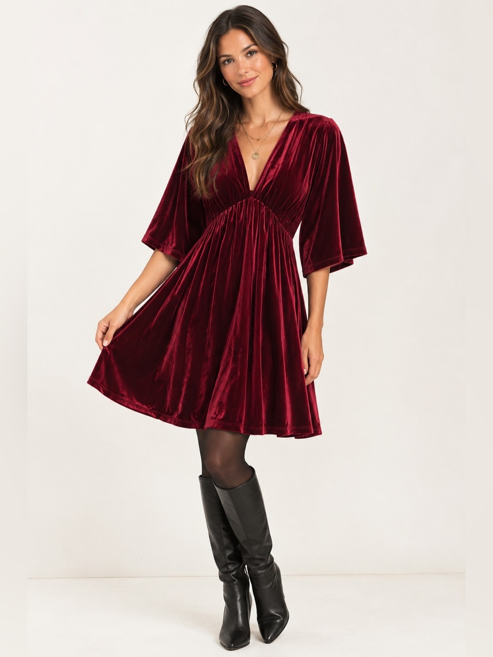 Lovestitch Burgundy Velvet V-Neck Babydoll Kimono Sleeve Mini Dress Size Large.